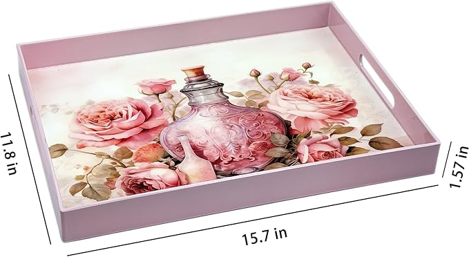 Serving Tray with Handles, 15.7 * 11.8 inches, Plastic Ottoman Tray with Exquisite Paintings, Trays for Coffee Table