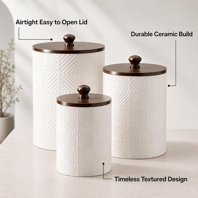 Canisters Sets for the Kitchen with Airtight Bamboo Lids, Ceramic|Set of 3