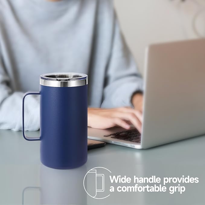Volhoply 22oz Insulated Stainless Steel Coffee Mug with Leakproof Lid,Double Wall Vacuum Travel Coffee Cup with Handle,Reusable Metal Tumbler,Camping Mugs Keep Hot&Cold(Navy,1)