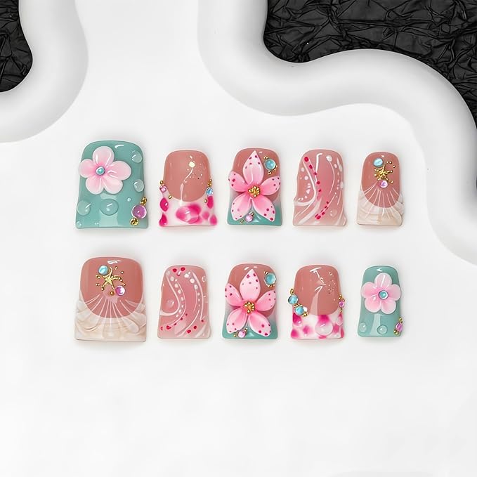 10 Pcs Handmade Press on Nails Duckbill Shape 3D Luxury Flower Acrylic Nails Summer Handmade Starfish Water Droplet Designs Short Fake Nails Thickened False Nail for Women (M)
