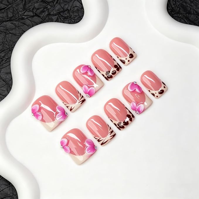 Luxury Handmade Press on Nails Pink White Gradient 3D Flower Fake Nails Stylish Short Square with Classic Leopard French Tip False Nail Thick Muti-Layer Gel Acrylic Stick on Nails for Women (M)
