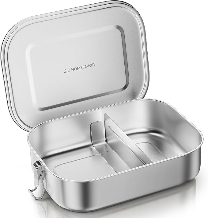 G.a HOMEFAVOR Stainless Steel Bento Lunch Box, 2-Compartment, 1600 ml/54 oz | Leak-Proof, Dishwasher Safe, BPA-Free, with Lock Clips & Removable Divider, Meal Prep, Large Food Container, for Adults