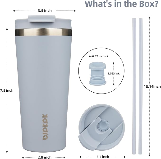 BJPKPK 22 oz Coffee Tumbler with Straw, Insulated Stainless Steel Cup | Double Wall Vacuum, Leak Proof Lid, Keeps Hot/Cold/Iced, BPA Free, Dishwasher Safe, Cupholder Friendly, Travel, Modern Blue