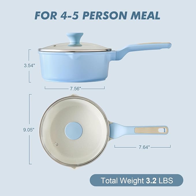 SENSARTE Ceramic Nonstick Saucepan with Double Pouring Spout, 3QT, Blue | Cooking Pot with Stay Cool Handle, Induction Compatible, Ceramic Coating, PFOA/PFAS/PTFE Free
