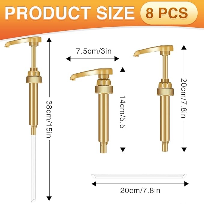 Coffee Syrup Pumps, 8 Pack Gold Syrup Pump | Skinny Syrup Pump for 750ml 25.4oz Syrup Bottle, Syrup Pump Dispenser for Coffee Bar Drinking Mixes,Davinci,Jordans