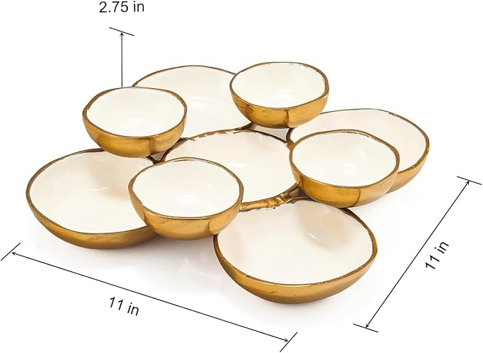 Cluster of 9 Serving Bowls, One-Piece Set, Gold White Brass Multi-Bowl Display Tray for Snacks Nuts Chips Appetizers, Modern Home Entertaining Centerpiece Dining Parties Housewarming Wedding Gifts 11"