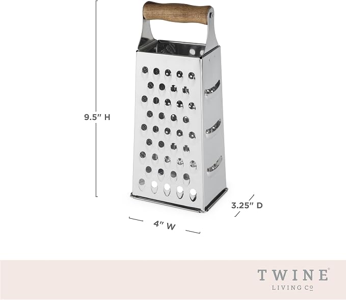 Twine Acacia Wood Handled Cheese Grater, Stainless Steel Grater, Citrus Zester, Reinforced Base, Vintage Kitchenware
