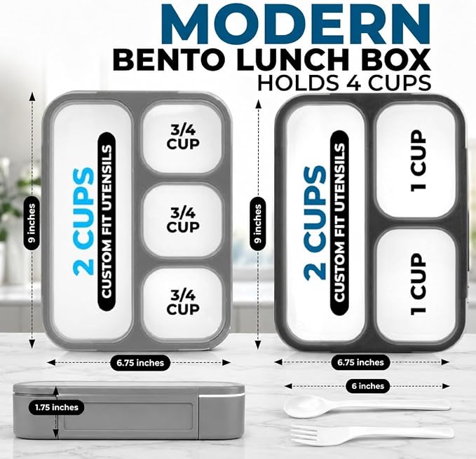 kinsho Bento Box Lunch Boxes for Kids Adults, Meal and Snack Containers School Work Travel, 4 Divided Portion Control Compartments, Japanese Style, BPA Free, Utentils Included (Grey + Black, 2 Pack)