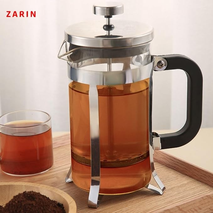 ZARIN 34oz (1L) French Press Coffee & Tea Maker – Borosilicate Glass & Stainless Steel Coffee Brewer with 2 Bonus Filters – Portable Cold Brew & Tea Press, silver color