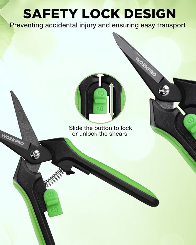 WORKPRO 6-Inch Garden Pruning Shears | High-Carbon Steel Gardening Scissors, Spring-Loaded Nonstick Pruning Shears with Safety Lock for Fruit & Vegetable Picking