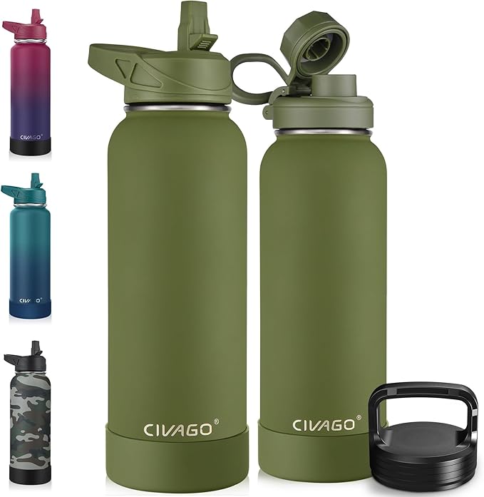 CIVAGO 40 oz Insulated Stainless Steel Water Bottle With Straw and 3 Lids | Large Metal Sports Water Jug, Leakproof Reusable Wide Mouth Thermal Flask Cup with Silicone Boot, BPA-Free, Army Green
