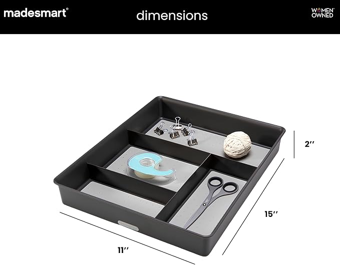 madesmart Classic 4 Compartment Drawer Organizer, Granite | non slip feet, rounded corners, soft grip base, open sections, cords tech accessories, office craft supplies, woman owned