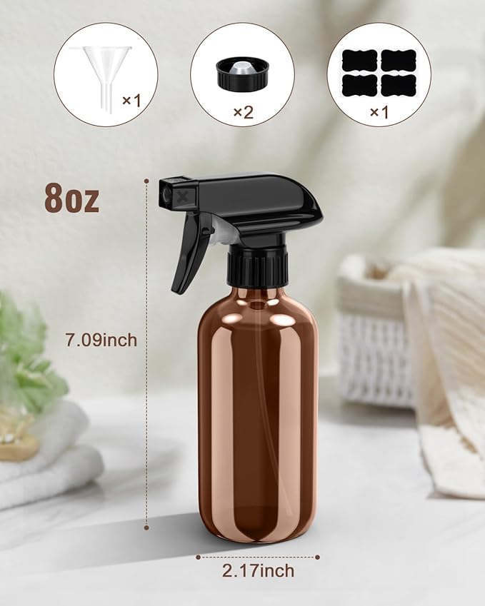 Bontip Glass Spray Bottle 16 oz for Cleaning, Plants (2 Pack, Amber) | Refillable spray bottle Set, BPA-free eco glass, With labels and funnel, Great for cleaners, plant misting, hair care