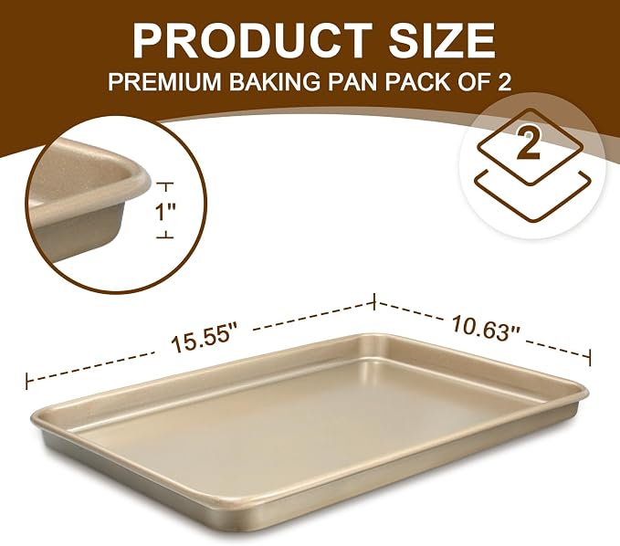 Wildone Baking Sheet Pan Set of 2, Nonstick Cookie Sheets for Baking | Thicker Carbon Steel Jelly Roll Pan Oven Tray 15x10 Inch, Heavy Duty & Easy Clean, Champagne Gold