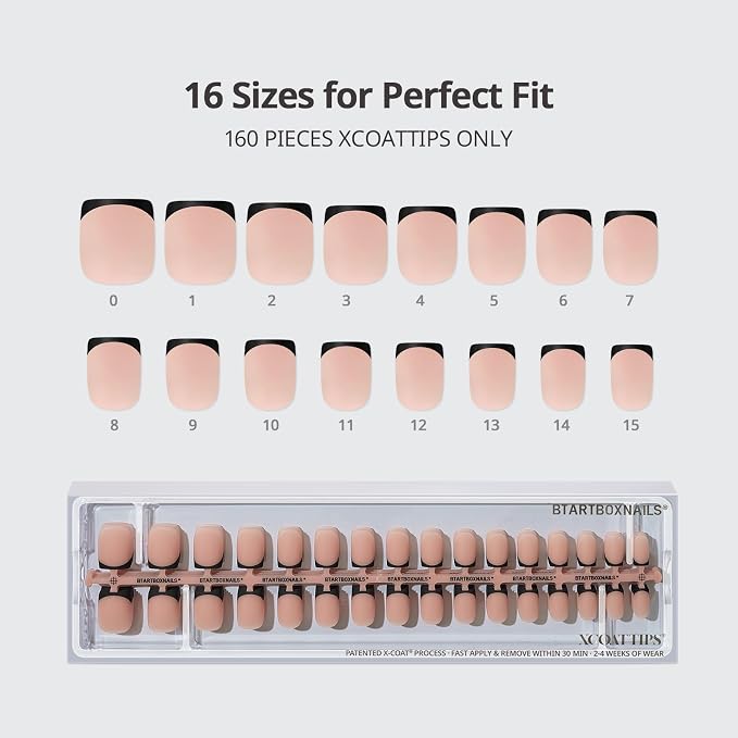 BTArtboxnails XCOATTIPS Black French Tip Press On Nails, XS Square, Peach | Lamp-Curable, 4-Week Wear, Natural Nail Look, Salon Quality Value at Home, Easy-to-Apply for Beginners, 160ct Nail Tips Only