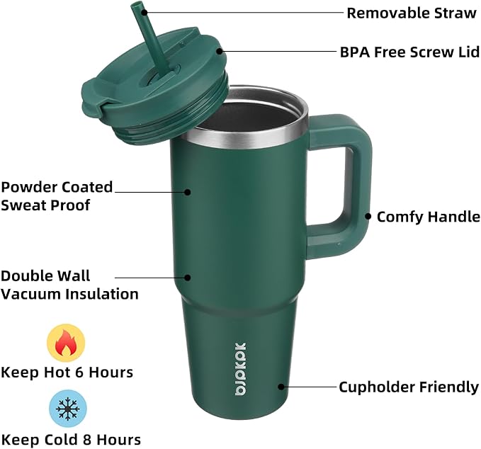 BJPKPK 30 oz Insulated Tumbler with Handle & Straw, Stainless Steel | Double Wall Vacuum Insulation, Leak Proof, BPA Free, Dishwasher Safe, Cupholder Friendly, Travel & Outdoor, Army Green
