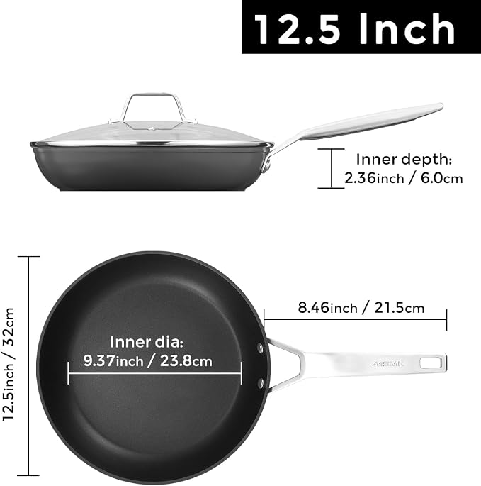 MsMk 12.5 Inch Nonstick Frying pan with Lid, Grey Large Cooking Pan Skillet | Non Toxic, Even Heating, Easy Clean, Dishwasher & Oven Safe, suitable for gas & electric & induction stoves, PFOA & PFAS Free
