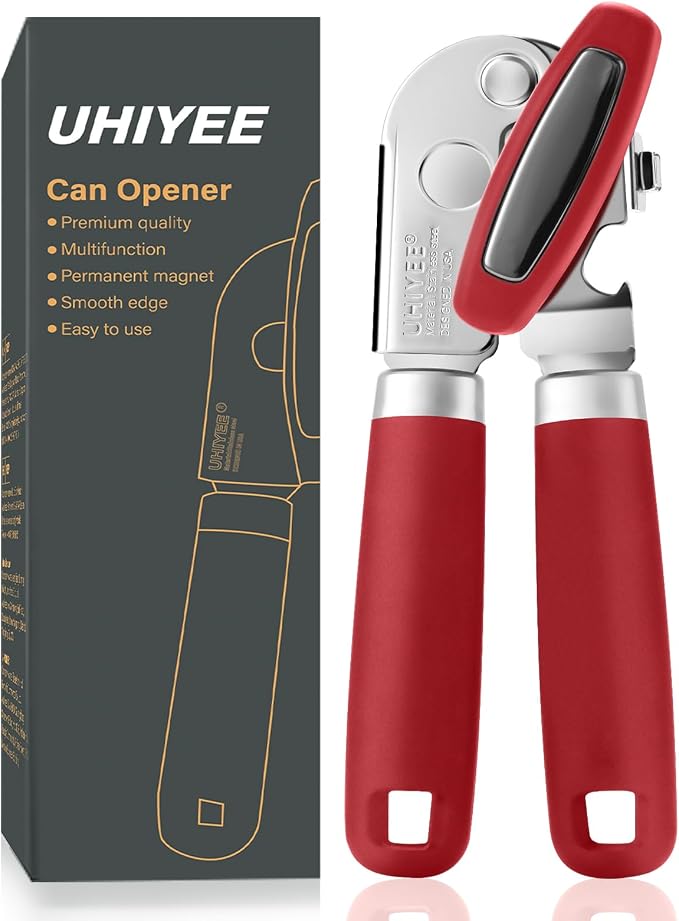 UHIYEE Manual Can Opener Hand Held with Magnet for Home Kitchen, Red | Premium 420J2 Steel, Magnetic Lid Lifter, Easy-Turn Oversized Knob, Arthritis Friendly, Smooth Edge & Safe Cut