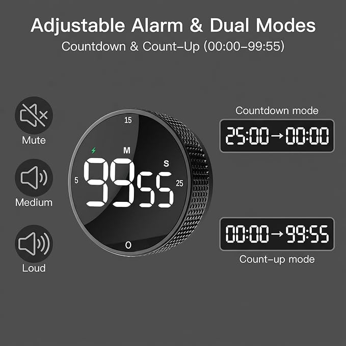 Rechargeable USB-C Digital Kitchen Timer - Magnetic Countdown Countup Visual Pomodoro Timer with Large LED Display, 3-Preset Times, 3 Volume Levels, Ideal for Cooking, Baking and Study