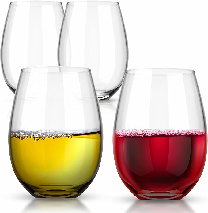 Royalty Art European Stemless Wine Glasses, 4-Piece Set, Clear | Elegant hosting glassware, modern heavy-duty glass crystal, dishwasher safe