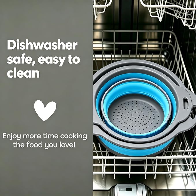 AUOON Collapsible Colander Set (3QT + 4QT) with Draining Base, Gray+Blue | Fast Draining, Heat-Resistant, Dishwasher Safe, Space-Saving, Food-grade TPE & PP for Pasta Noodles Vegetables and Fruits