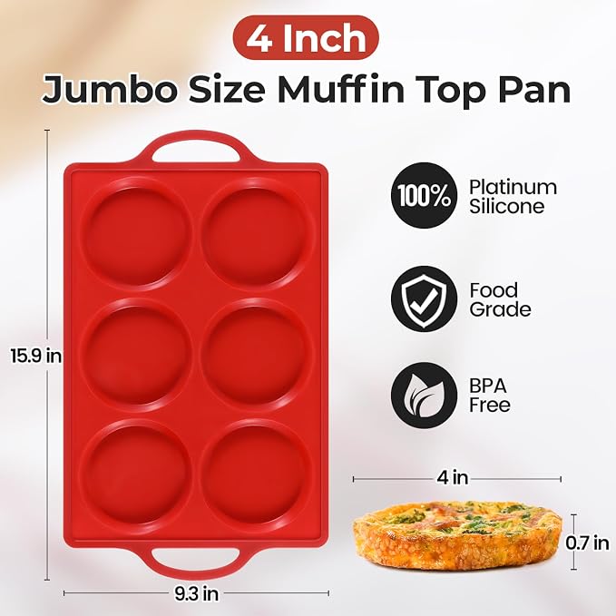 CAKETIME Silicone Muffin Top Pan with Metal Frame, 4 Inch Jumbo Non Stick Round Egg Baking Pan for Oven English Muffins, Whoopie Pies, Corn Bread, Egg Bites, Breakfast Sandwiches Tarts 2 Pack Red