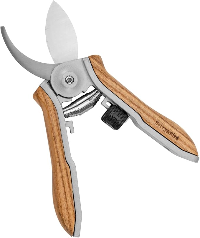 Berry&Bird Mini Pruning Shears for Gardening Curved Blades Hand Pruners with Wooden Handle Garden Scissors Snips Stainless Steel Trimming Small Clippers Bonsai Compact Size Sheaering Tool