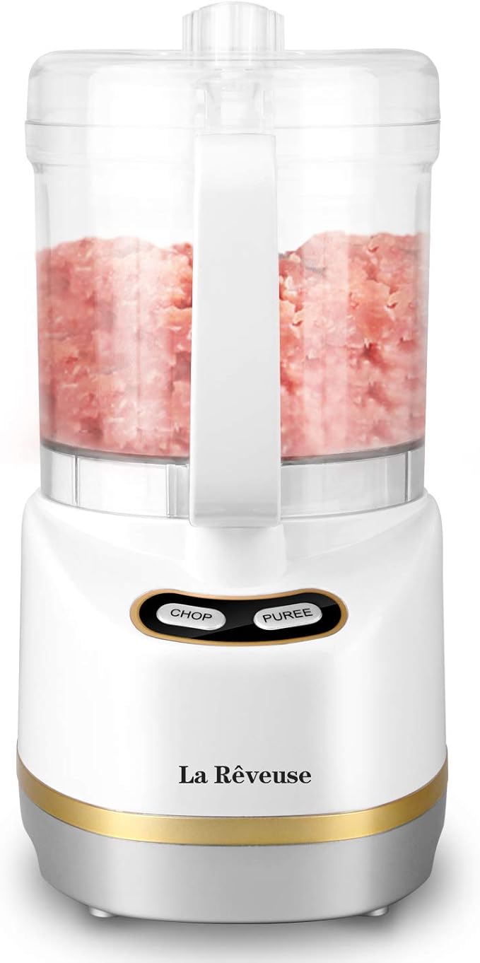 La Reveuse 2 Cup Mini Food Processor, Electric Chopper Small, White | for Mincing, Chopping, Grinding, Blending, Puree, 2 Pulse Speeds, Dishwasher Safe, (1) Spatula Included, 200 Watts, LARB1814W