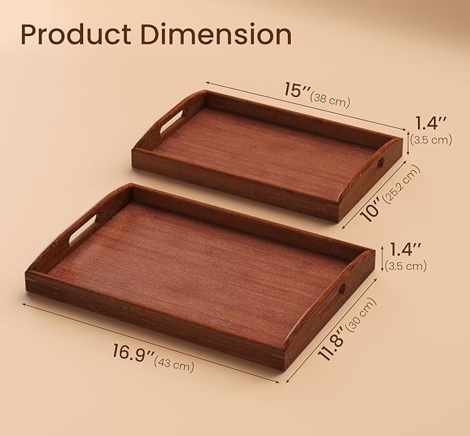 Bamboo Set of 2 Serving Trays with Handles Decorative Tray(Brown) | 2 Pack, Decorative Trays, for Coffee Table, Kitchen Counter, Breakfast, Party