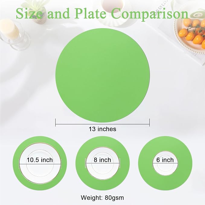 SHACOS 100 pcs Round Paper Placemats Disposable 13 inch Colored Paper Place Mats for Wedding Birthday Party Bridal Baby Shower Events Table Decoration, Green