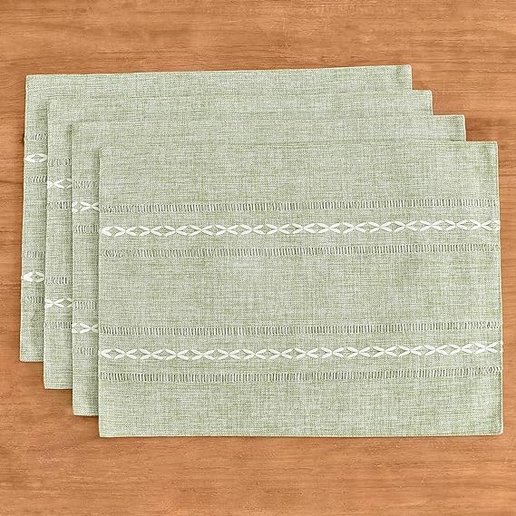 Wracra Cotton Linen Place Mats, Sage Green Embroidered Placemats Set of 6 | Placemats 12 x 18 Inch; Cotton Linen Woven Fabric; Heat Resistant Table Mats; Raised Embroidered Hollow Design