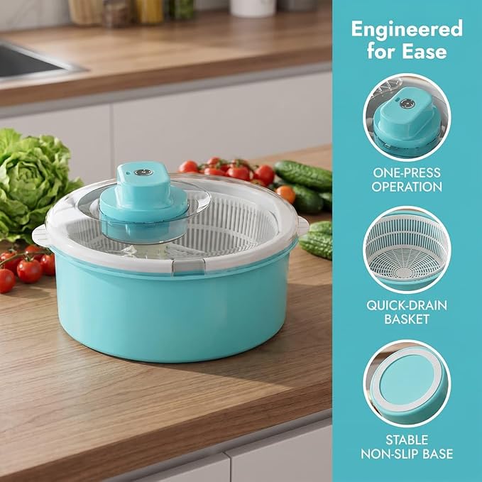 Salad Spinner and Produce Washer, Electric Fruit Cleaner Spinner，Blue-Electric | Fruit Cleaner Bowl with Non-Slip Base, Multifunctional Vegetable Dryer for Washing, Prepping Fruits & Vegetables