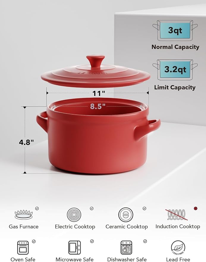 LE TAUCI 3 QT Ceramic Bread Baker with Lid for Sourdough, Covered Bread Baking Pot with Natural Steam Retention, Oven Safe to 500°F, Silicone Bread Sling Included, Chili Red