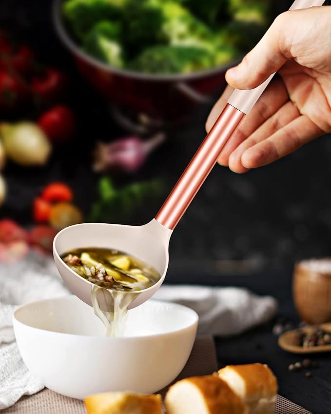 BUNDLEPRO Silicone Ladle Spoons, 2 Pack, Rose Gold Black-Khaki | Non Stick, High Heat Resistant, BPA Free, Kitchen Utensils Ideal for Cooking, Stirring,Serving Soups