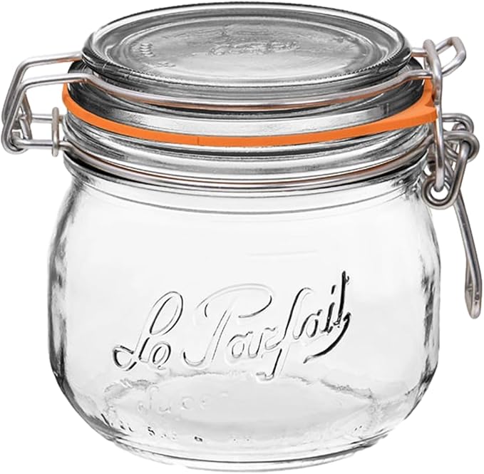 Le Parfait Super Jar 500ml (16oz) Glass Canning Jar, Wire Bail Lid, 1 Pack | Airtight rubber seal for canning, preserving pickles, sauces and whole fruit, fermentation and pantry storage; Made in France