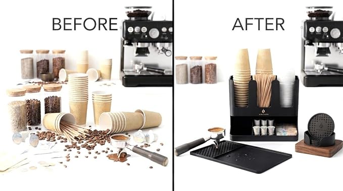 Coffee Bar Accessories and Organizer with Heat-Resistant Silicone Mat – Coffee Station Organizer 7-Piece Kit, Coffee Cup Organizer for Countertop or Cabinet with Coasters Set | Complete 7-Piece Coffee Station Bundle – Cup Organizer, Silicone Mat & 4 Ma...
