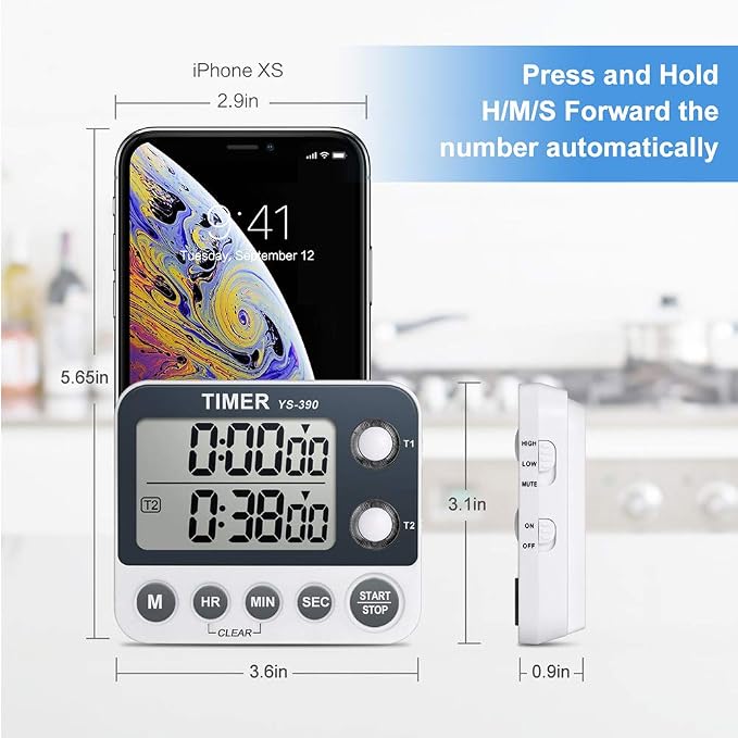 Digital Kitchen Cooking Timer, Dual Count Up & Down with Magnetic Back, Large Display, Adjustable Volume and Flashing Alarm Light, ON/Off Switch Stopwatch, Battery Included