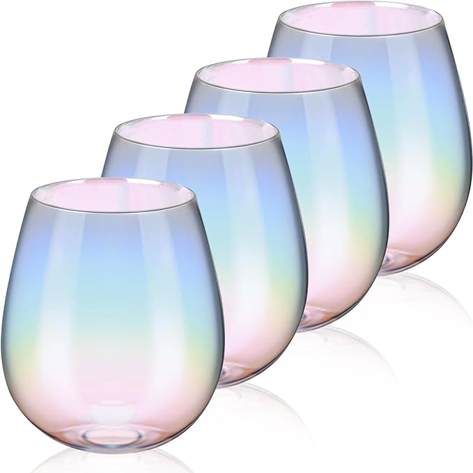 Iridescent Stemless Wine Glass Set of 4, 16OZ Unique Rainbow Wine Glass Cute and Cool, No Stem Colorful Drinking Glassware Gift for Birthday Party Wedding Holiday