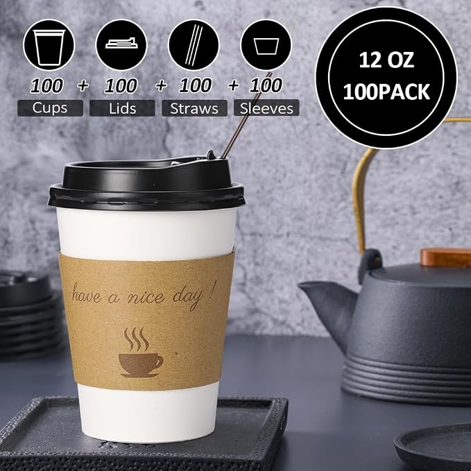 BYSNOW 100 pack 12 oz Disposable Coffee Cups with Lids Thickened Hot Cups | Scald Resistant Hot Cup with Sleeves and Stirring Sticks, To Go Coffee Cups for Home, Office, Cafes and Party (White 12oz)
