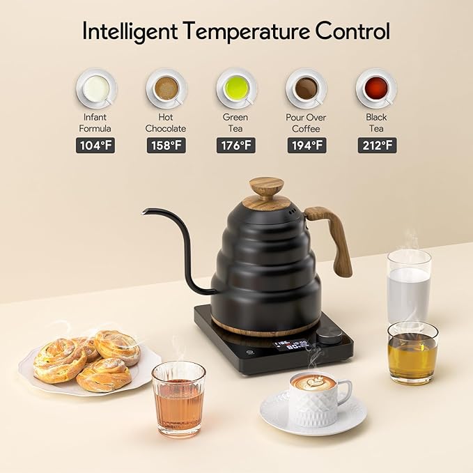 Electric Gooseneck Kettle, 30oz/0.9L Intelligent Temperature Control, Quick Heating, 304 Stainless Steel for Pour Over Coffee, Brew Tea, Boil Hot Water, 1000W （Black）