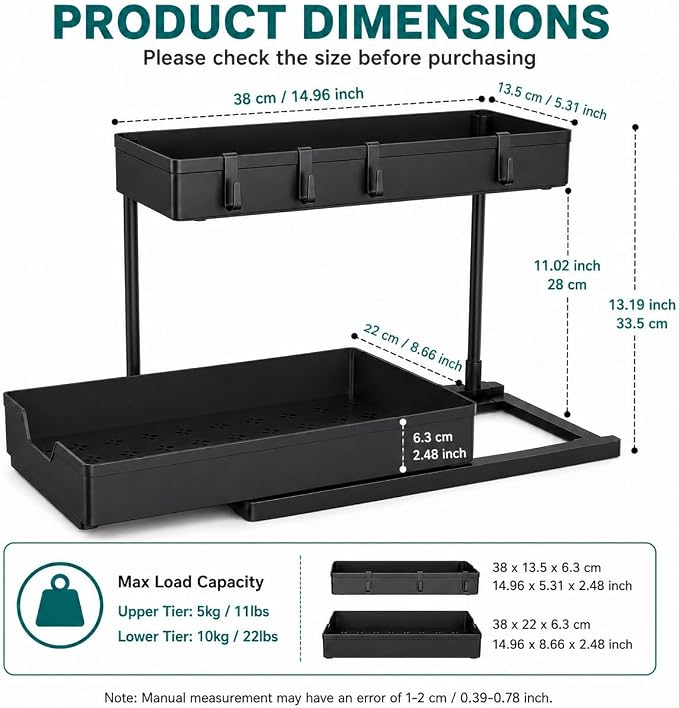 2 Pack Under Sink Organizer L-Shaped, Pull Out Large Capacity Storage | Durable PP Rack with Five Hangers for Kitchen, Bath & Pantry