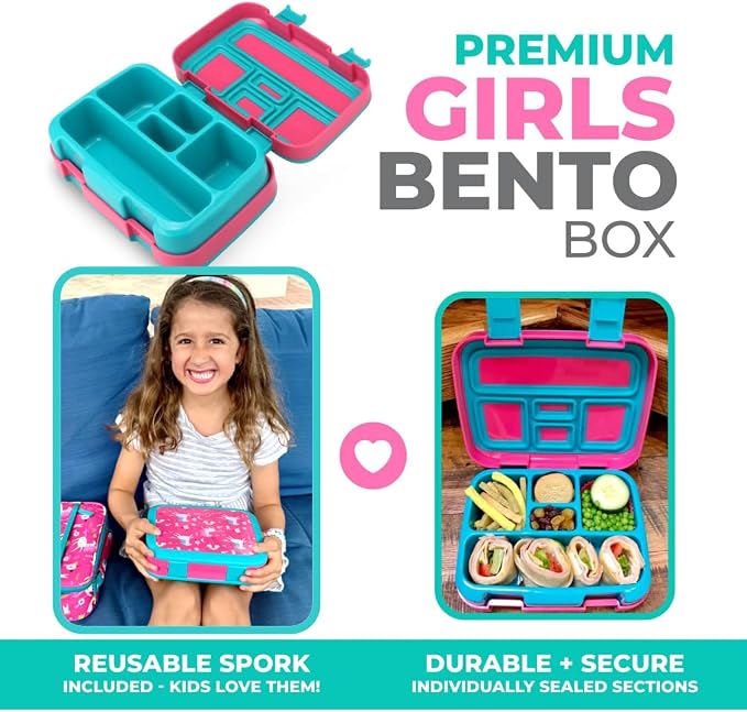 kinsho Bento Lunch Box Container, Pink Unicorn, Small Kids, Toddlers | 5 Portion Sections, BPA-Free Spill-Proof Leakproof Removable Plastic Tray, Daycare Pre-School Girls Snacks and Lunches