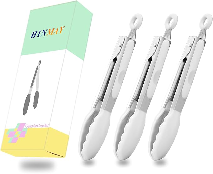 HINMAY Mini Tongs with Silicone Tips 7-Inch Serving Tongs, Set of 3 (White)