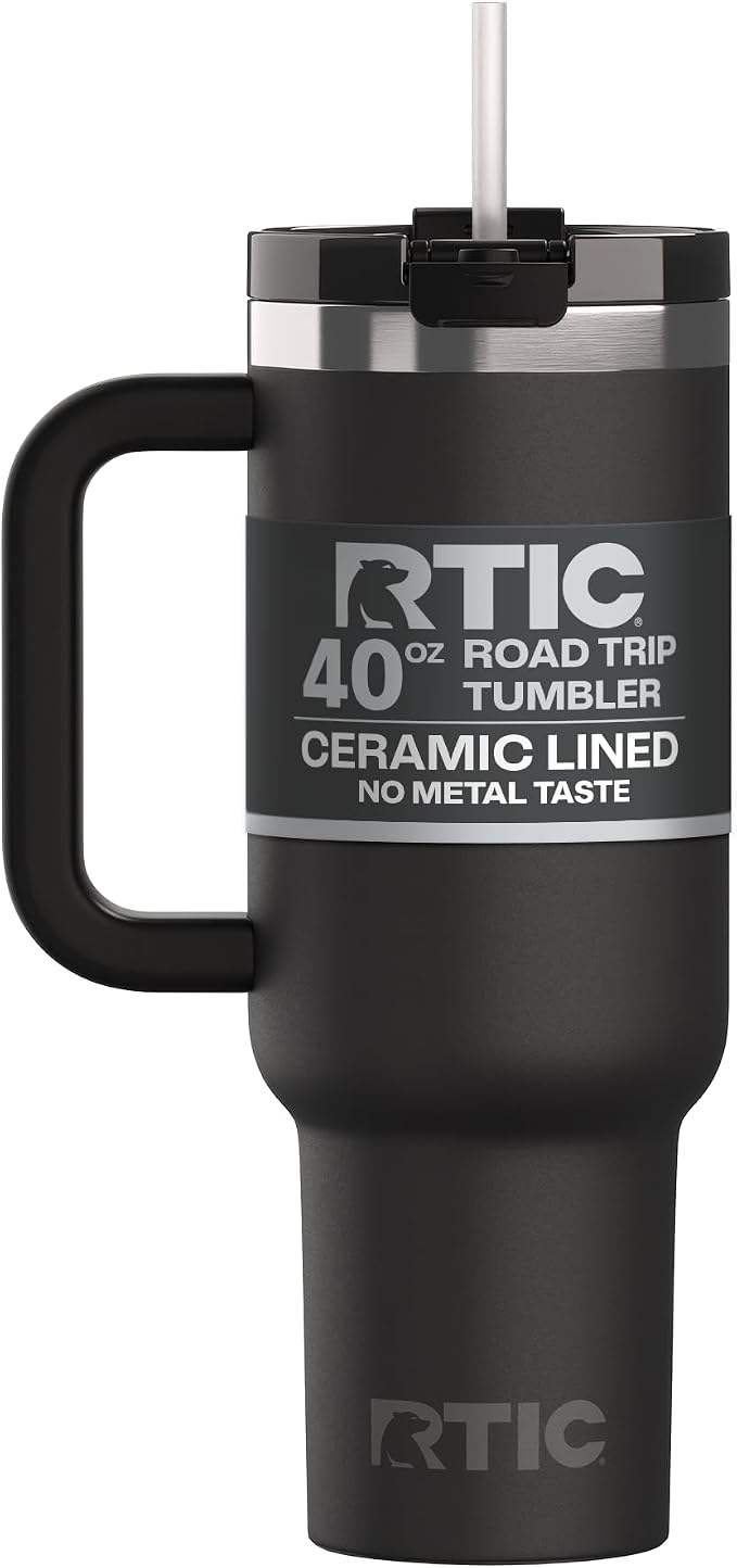 RTIC 40oz Road Trip Tumbler, Insulated, Ceramic Lined, Black | with Lid, Handle and Straw, Stainless Steel Metal Cup, Portable for Hot and Cold Drinks, Coffee, Car, Camping, Travel