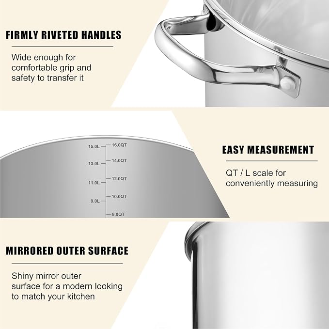 TeamFar Stainless Steel Stock Pot, 16QT Tri-ply Bottom Large Stockpot | Cooking Soup Pot with Lid, for Induction Gas Electric Glass Tops, Non Toxic & Sturdy, Straight Side & Various Stovetops Safe