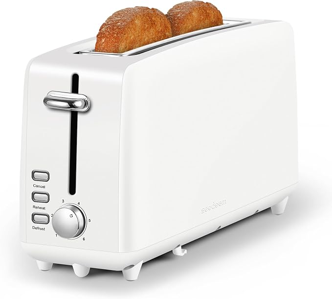 SEEDEEM Stainless Steel Toaster 2 Slice Slim, 10" Single Long Slot, White | 6 Shade Settings, Extra Wide Slot Fits Bagels & Artisan Bread, Defrost, Cancel Function, Removable Crumb Tray