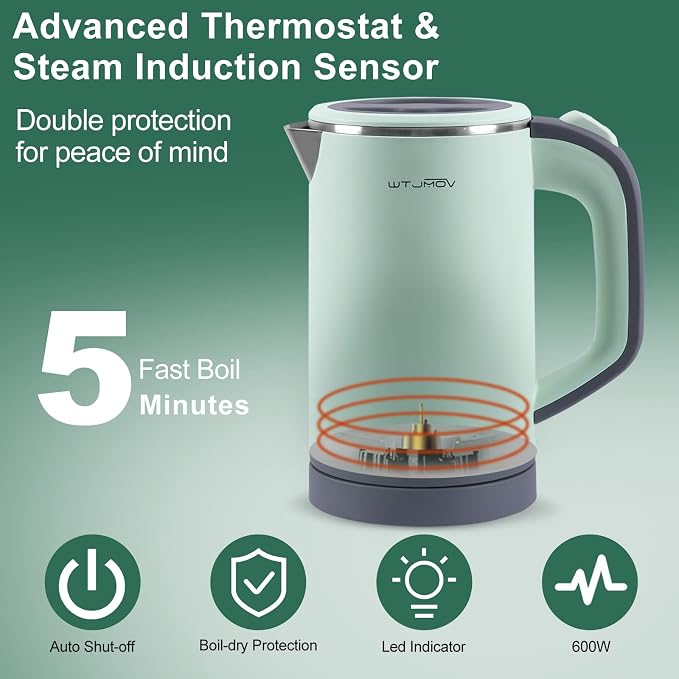 WTJMOV Small Electric Kettle Stainless Steel, 0.8L Portable Tea Kettle Auto Shut-off, Low Power Hot Water Kettle for Camping, Travel, Office and More