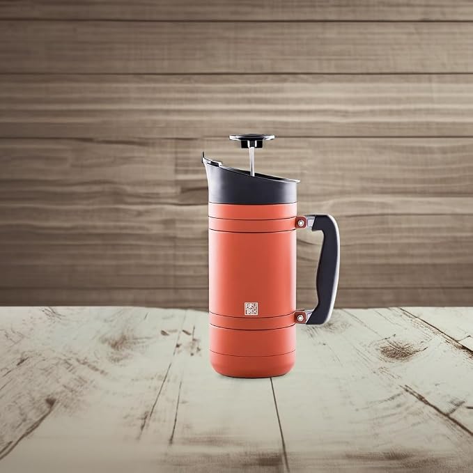 BruTrek by Planetary Design | BaseCamp French Press | 48 fl.oz - RedRock | Double Wall Insulated Stainless Steel - Bru-Stop Technology, No Grounds in Coffee, No Spill Lid (Red Rock, 48 fl.oz)