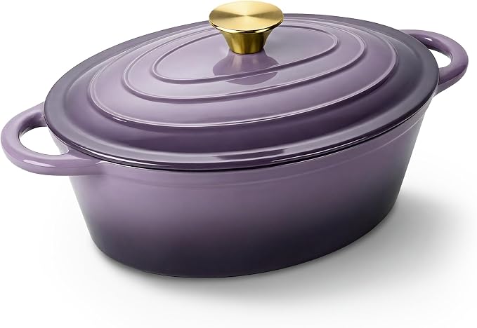Oval Dutch Oven for Bread Baking, 4.5 Quart Non Stick Enameled Cast Iron Dutch Oven Pot with Lid, Oven Safe Oval Casserole with Lid up to 500°F for Baking, Braising, Stews, Roasting, Purple