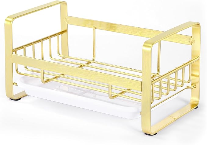 HULISEN Kitchen Sink Sponge Holder, 304 Stainless Steel Kitchen Soap Dispenser Organizer, Countertop Drainer with Removable Tray, not Including Dispenser and Brush, Gold | Removable Drain Tray, Holds Sponges Soap Bottles Brushes, Countertop Storage, No...